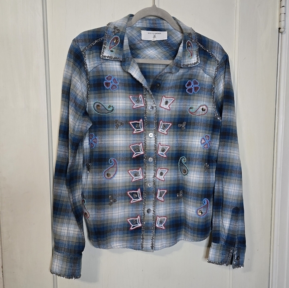 MISS ME VINTAGE BEADED SEQUIN PLAID FLANNEL Western SHIRT Size Medium - Picture 3 of 10